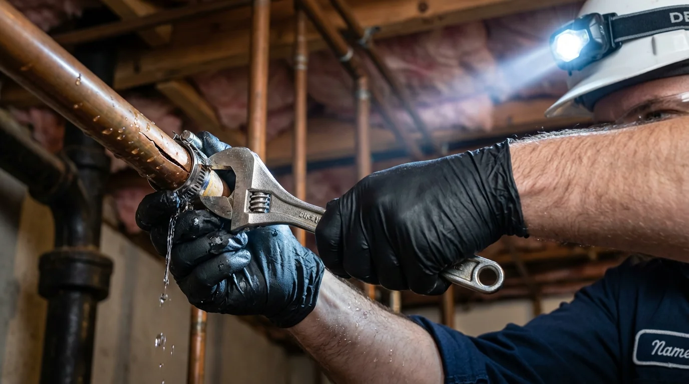Emergency pipe clamp repair being performed by a Johns Plumbing LLC plumber in Carrizozo