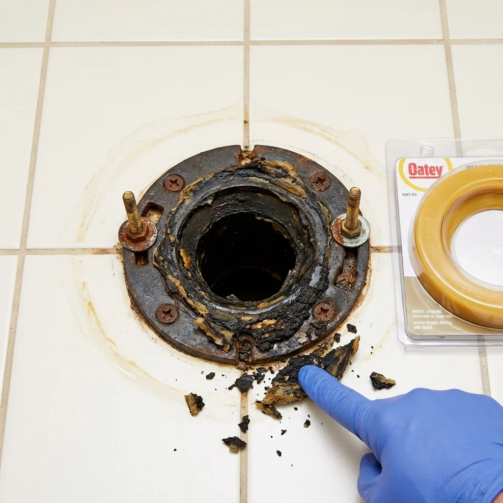 Failed wax ring showing water seepage at the base of a toilet in a Carrizozo, NM home