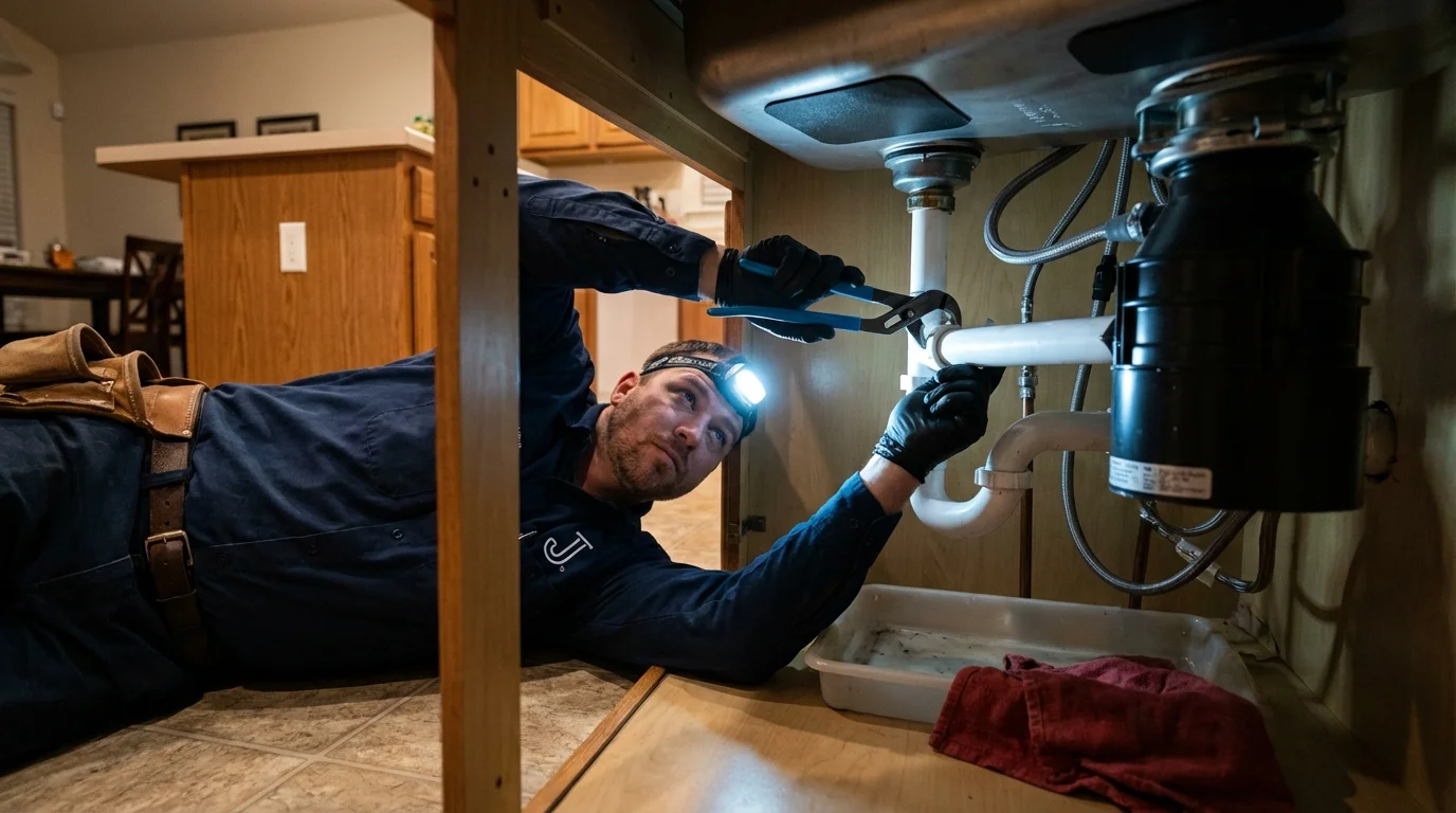 P-trap and supply line connections under a kitchen sink showing a common leak point in Carrizozo, NM
